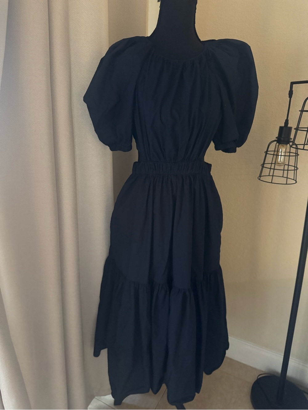 Ulla Johnson Navy Cotton Puff Sleeve Cutout Midi Dress Size 6 - Picture 2 of 9